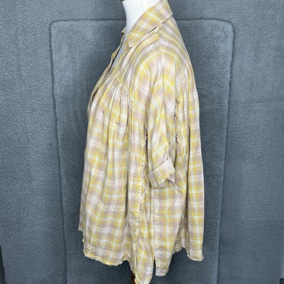 Easel Oversized Plaid Pullover Shirt Womens S Raw Hem Distressed Boho Hippie - Picture 6 of 12